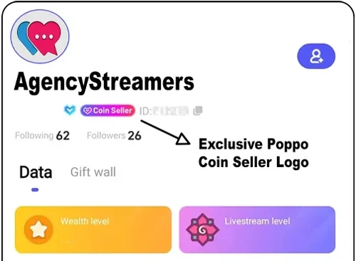 Poppo Live profile showing the CoinSeller badge next to the username